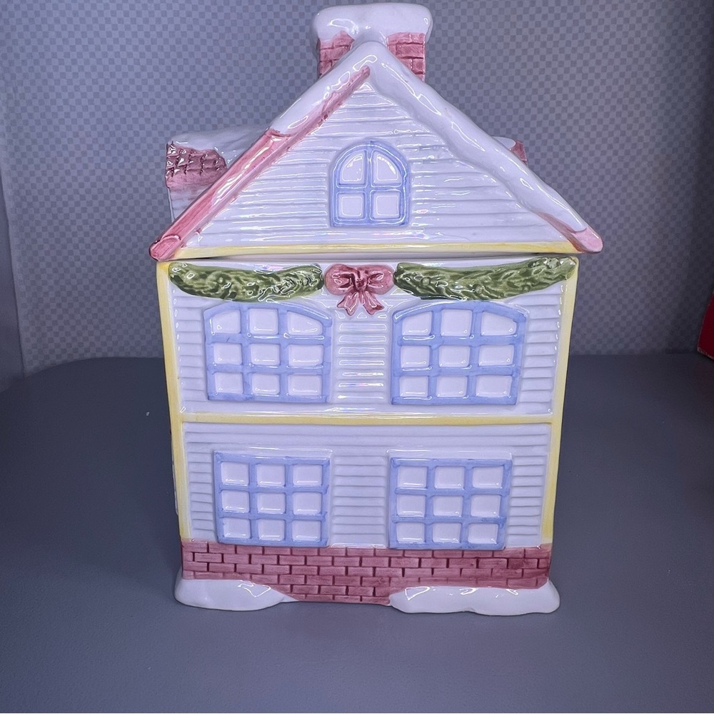 Christmas Village Earthenware Christmas Cookie Jar In Original Box VTG - Picture 4 of 15